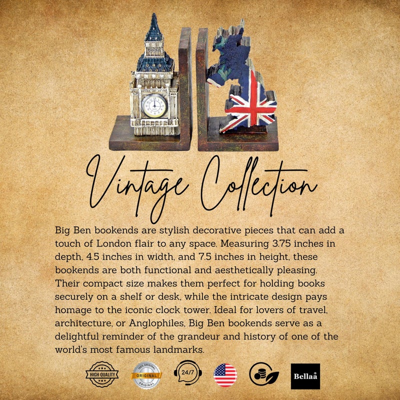 Bellaa 26348 Decorative Bookends Big Ben Clock Tower London UK Flag Map Vintage Unique British Patriots Gifts Bibliography Home Decor Bookshelves Heavy Book Ends - Image 2